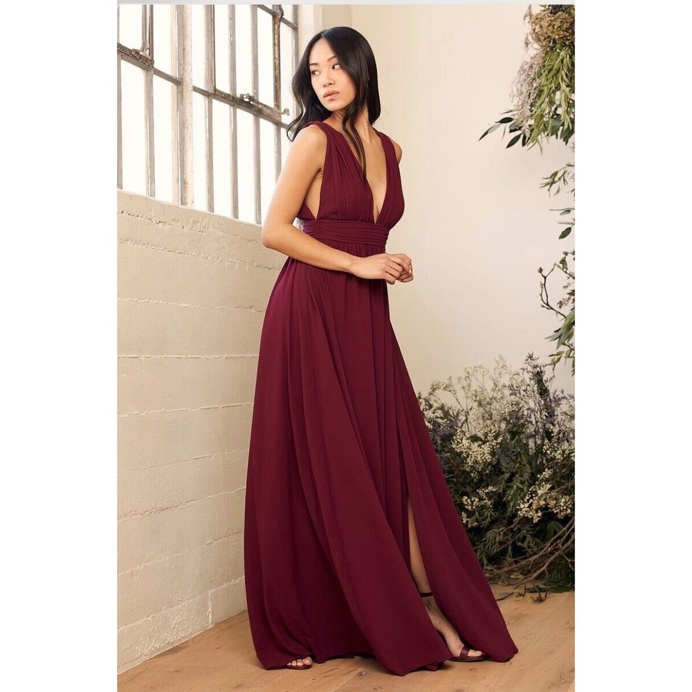 LuLus Heavenly Hues Burgundy Formal Chiffon Maxi Dress Medium Bridesmaid Prom - Picture 2 of 12